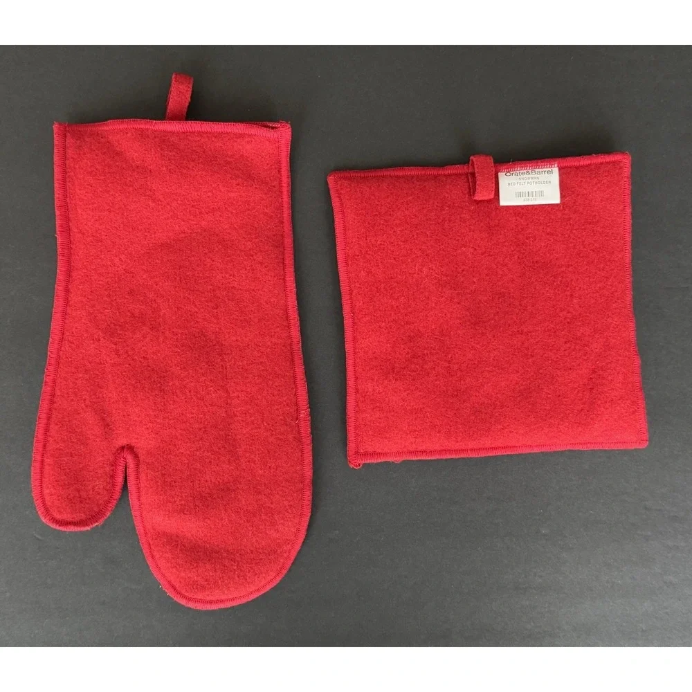 Crate & Barrel CHRISTMAS SNOWMAN Oven Mitt & Pot Holder Red Wool/Felt - Set of 2
